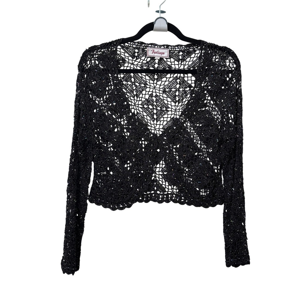 Y2K Feelings Black Crochet Sequined Shrug Cropped Cardigan Bolero Sparkly
